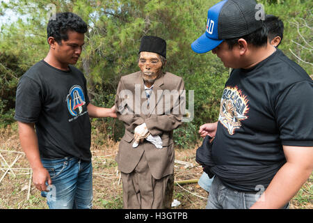 Die Leiche tot von den Hinterbliebenen zu erziehen, reinigen Sie ihre Leichen während Bizzare Ma'Nene Rituale in North Toraja. Stockfoto