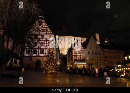 Am Platz am Tiergärtnertor steht ein großer Weihnachtsbaum, umgeben von mittelalterlichen Gebäuden, neben der Burg befestigt Stockfoto