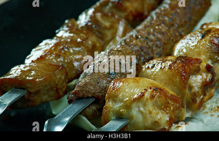 Schaschlik-Mix. Verschiedene Arten mat gerösteten closeup Stockfoto