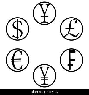 Währung-Korb-Symbole. Yen und Pfund, Yuan und Eur, Gbp und Jpy Geld. Vektor-illustration Stockfoto