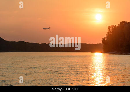 Nationalpark Donauauen, Danube-Auen-Nationalpark: Flugzeug-Flugzeug über der Donau bei der Landung in Flughafen Wien, Donau, Niederö Stockfoto