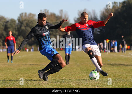 Shakespeare (rot/blau) Vs FC Bartlett, Hackney & Leyton Sunday League Football in Hackney Sümpfe am 9. Oktober 2016 Stockfoto