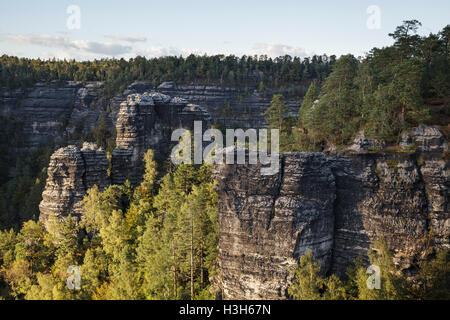 Blick vom Pravcicka Brana Pravcice Tor Natursandstein Bogen, Böhmische Schweiz, Hrensko, Usti Nad Labem, Tschechische Republik Stockfoto