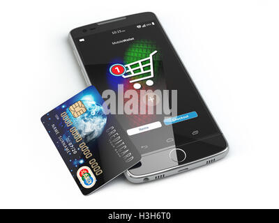 Mobile online-shopping. E-Commerce mit Smartphone und Kreditkarte isoliert auf weiss. 3D illustration Stockfoto