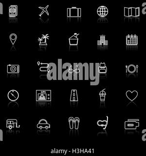 Reise-Linie-Icons mit Spiegeln auf schwarzem Hintergrund, Lager Vektor Stock Vektor