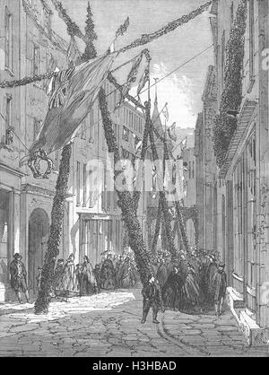 GUERNSEY High Street von St Peter Port 1863. Illustrierte London News Stockfoto