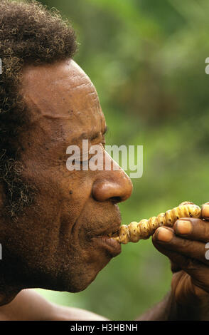 Papua Mann isst eine Grub, Stockfoto
