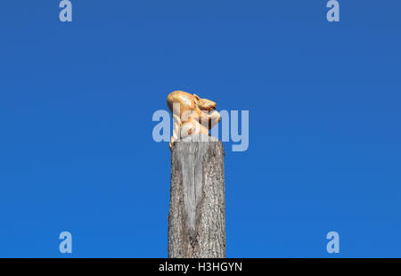 Figur Eichhörnchen mit einer Mutter von einem Baum auf einem Baumstumpf auf dem Hintergrund des blauen Himmels. Figuren von Tieren aus Holz gebaut. Woodcarvi Stockfoto