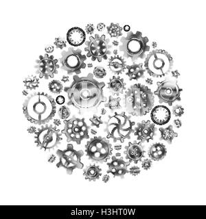 Glänzendes Metall Zahnräder angeordnet in Form eines Kreises, isoliert auf weiss Stock Vektor