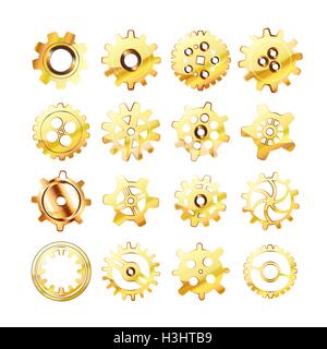 Satz von realistischen glänzend goldenen Zahnräder auf weiß Stock Vektor