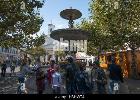 Menschen treffen in einem Brunnen auf der Place du Marche in Carouge, Genf, Schweiz Stockfoto