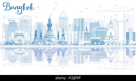 Umriss Bangkok Skyline mit blauen Wahrzeichen und Reflexionen. Vektor-Illustration. Geschäftsreisen und Tourismus-Konzept Stock Vektor