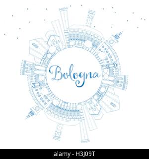 Umriss Bologna mit blauen Wahrzeichen und textfreiraum Skyline. Vektor-Illustration. Geschäftsreisen und Tourismus-Konzept Stock Vektor