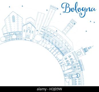 Umriss Bologna mit blauen Wahrzeichen und textfreiraum Skyline. Vektor-Illustration. Geschäftsreisen und Tourismus-Konzept Stock Vektor