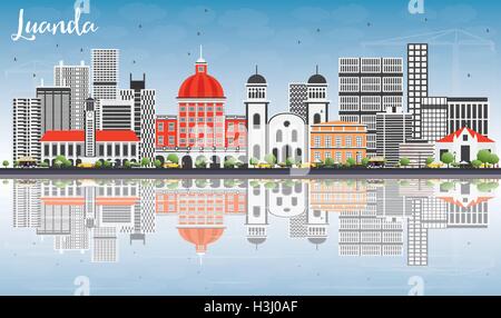 Luanda Skyline mit grauen Gebäuden, blauer Himmel und Reflexionen. Vektor-Illustration. Geschäftsreisen und Tourismus-Konzept Stock Vektor