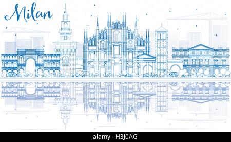 Umriss Milan Skyline mit blauen Wahrzeichen und Reflexionen. Vektor-Illustration. Geschäftsreisen und Tourismus-Konzept Stock Vektor