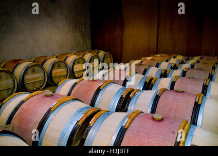 Der Fasskeller bei seltenen exklusive teuer Pomerol Wein Produzent Château Le Pin Pomerol Gironde Frankreich Stockfoto