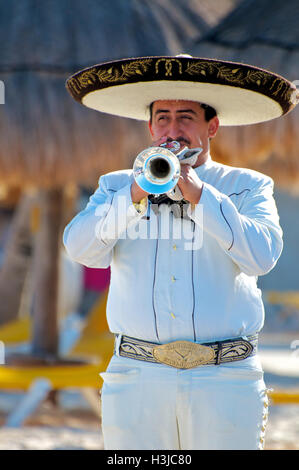 Mariachi Trompete Spieler führt am Sunny Beach während der Hochzeit tragen einen Sombrero Hut & White Suite mit Gold Eimer in Mexiko Stockfoto