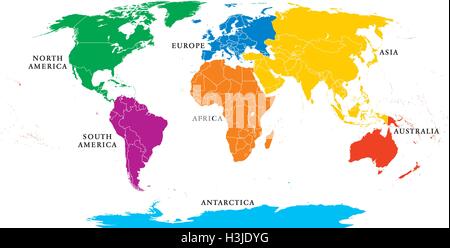 Sieben Kontinente Karte mit nationalen Grenzen. Asien, Afrika, Nord- und Südamerika, Antarktis, Europa und Australien. Vektor Stock Vektor