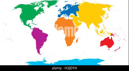 Weltkarte der sieben Kontinente. Asien, Afrika, Nord- und Südamerika