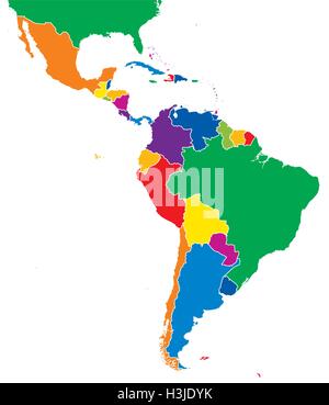 Lateinamerika Einzelstaaten Karte. Alle Länder in verschiedenen voll intensiver Farben und Landesgrenzen. Vektor. Stock Vektor