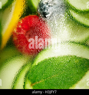 Infundierten Wasser mit Gurke, Zitrone, Limette, Beeren und Minze Stockfoto