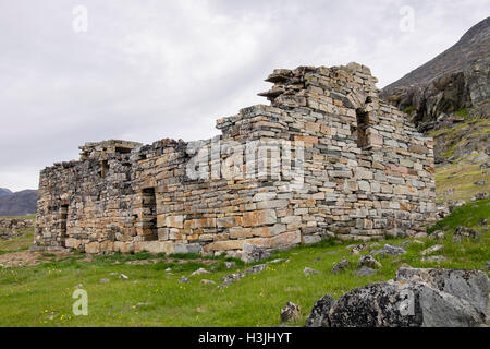 Ruine der Kirche von Hvalsey von Wikinger im 12. Jahrhundert erbaut wurde erste christliche Kirche im Land. Qaqortoq Süd-Grönland Stockfoto
