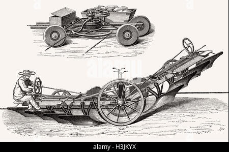 Maschinensysteme Dampf Pflug Arbeit, landwirtschaftlichen Traktor angetrieben von einer Dampfmaschine, 19. Jahrhundert Stockfoto