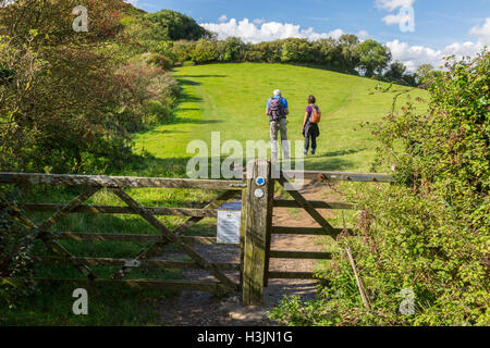 Wanderer auf dem Fußweg zum Golden Cap am Rand von Langdon Woods oben einladendsten, Dorset, England, UK Stockfoto