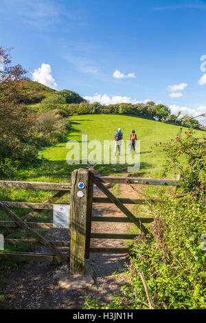 Wanderer auf dem Fußweg zum Golden Cap am Rand von Langdon Woods oben einladendsten, Dorset, England, UK Stockfoto