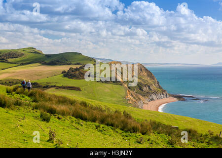 Wanderer, Abstieg vom Gipfel des Golden Cap auf die SW Coast Path, Jurassic Coast, Dorset, England, UK Stockfoto