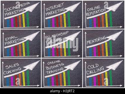 Foto-Collage von verschiedenen Unternehmen Nachrichten über bunte Grafik und steigende Pfeil geschrieben Stockfoto