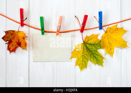 Herbstliche Ahornblätter und leere Karte hängen am Seil mit Wäscheklammern Stockfoto