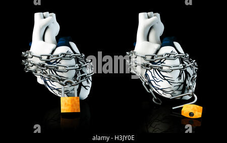 3D Illustration von Lock und Unlock Anatomie menschliches Herz - isoliert auf schwarz Stockfoto