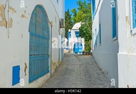 Das Gericht für Sidi Bou Said Straße mit weißen Häusern, blauen Türen und Fenstern, Tunesien. Stockfoto