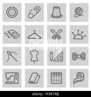 Vektor-schwarze Linie Nähen Icons set auf grauem Hintergrund Stock Vektor