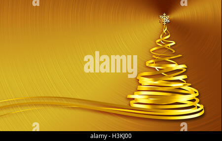 Weihnachtsbaum aus Gold Bänder auf Goldgrund. 3D Illustration. Stockfoto