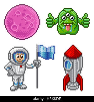 Pixel Cartoon Grafik Kunstraum set mit Alien, Planet Astronaut und Rakete Stockfoto