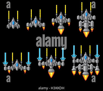 Kunst Arcade Videospiel Raumschiff Pixelgrafik set mit Schiff wird aktualisiert oder hochgefahren Stockfoto