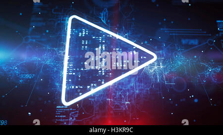 Play-Button-Symbol auf einem modernen Cyber-Hintergrund. Stockfoto