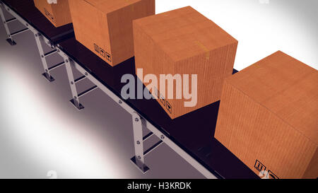 3D Render des Förderbandes mit Paket. Konzept Stockfoto