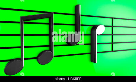 3D Musik-Noten auf Notenzeilen auf grünem Hintergrund. Stockfoto