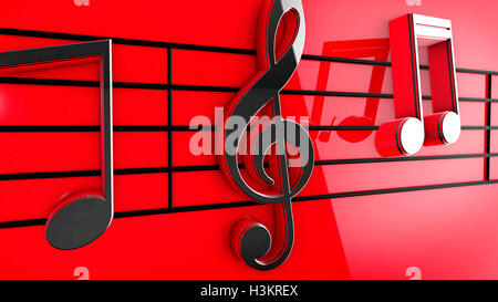 3D Musik-Noten auf Notenzeilen auf rotem Grund. Stockfoto