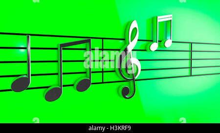 3D Musik-Noten auf Notenzeilen auf grünem Hintergrund. Stockfoto