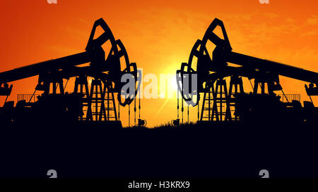 3D-Rendering Öl Pumpe Öl Rig Energie Industriemaschine für Petroleum in den Sonnenuntergang Stockfoto