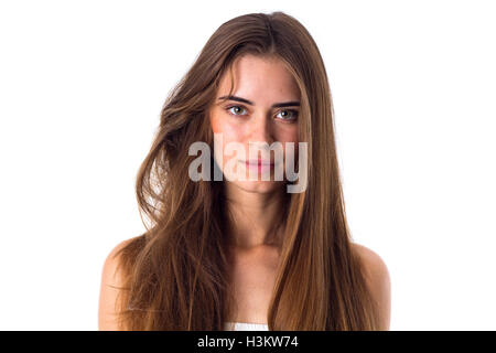 Frau mit Hälfte der Haare gerade und verwirrt Stockfoto