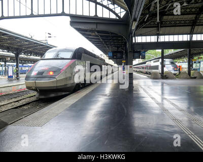 Französischen Hochgeschwindigkeitszügen (SCNF TGV) im Bahnhof Gare de Lyon in Paris, Frankreich Stockfoto
