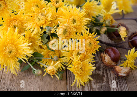 Orange gelb Herbstblumen auf hölzernen Hintergrund, Strauß Chrysanthemen Stockfoto