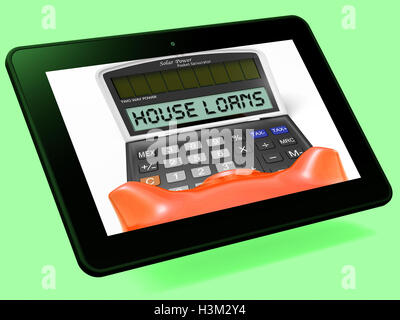 Haus Darlehen Rechner Tablet zeigt Hypothekar- und Kreditgeschäft Stockfoto