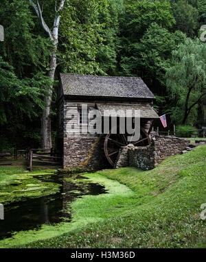 Historische Cuttalossa Farm Tristmill Hütte in den Wäldern, Bucks County, New Hope, ländliche Pennsylvania, Pa USA vertikale Landwirtschaft vertikale historische Bilder Stockfoto